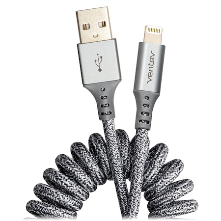 Ventev Chargesync Helix Coiled USB A to Apple Lightning Cable, Heather Gray COILCABTGVNV
